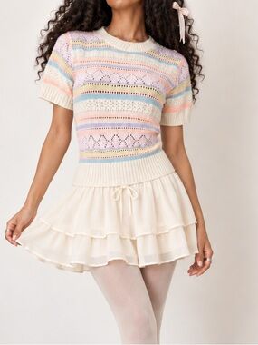 Vintage Snowbird Knitwear Pastel Pointelle Short Sleeve Sweater Top Cottagecore